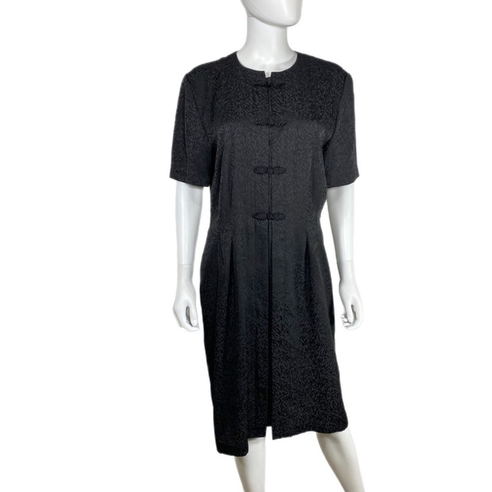 Debra Michaels Black Sheath Midi Vintage Asian Style Dress with Mandarin Collar